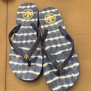 Tory Burch Navy and White Striped Flip Flops